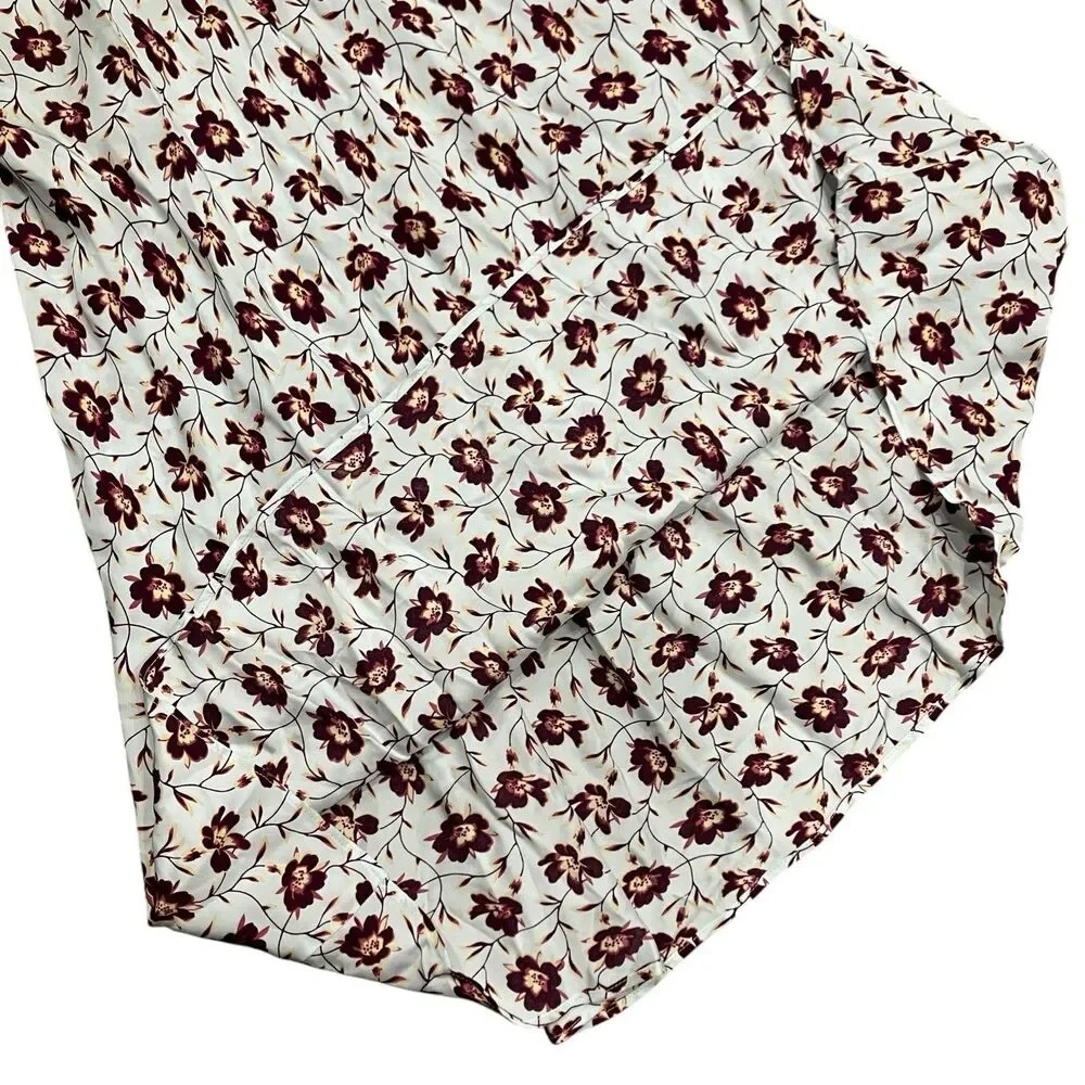 J Crew Midi Floral Lace Trim Dress Womens 0 White Burgundy V Neck Puff CS846